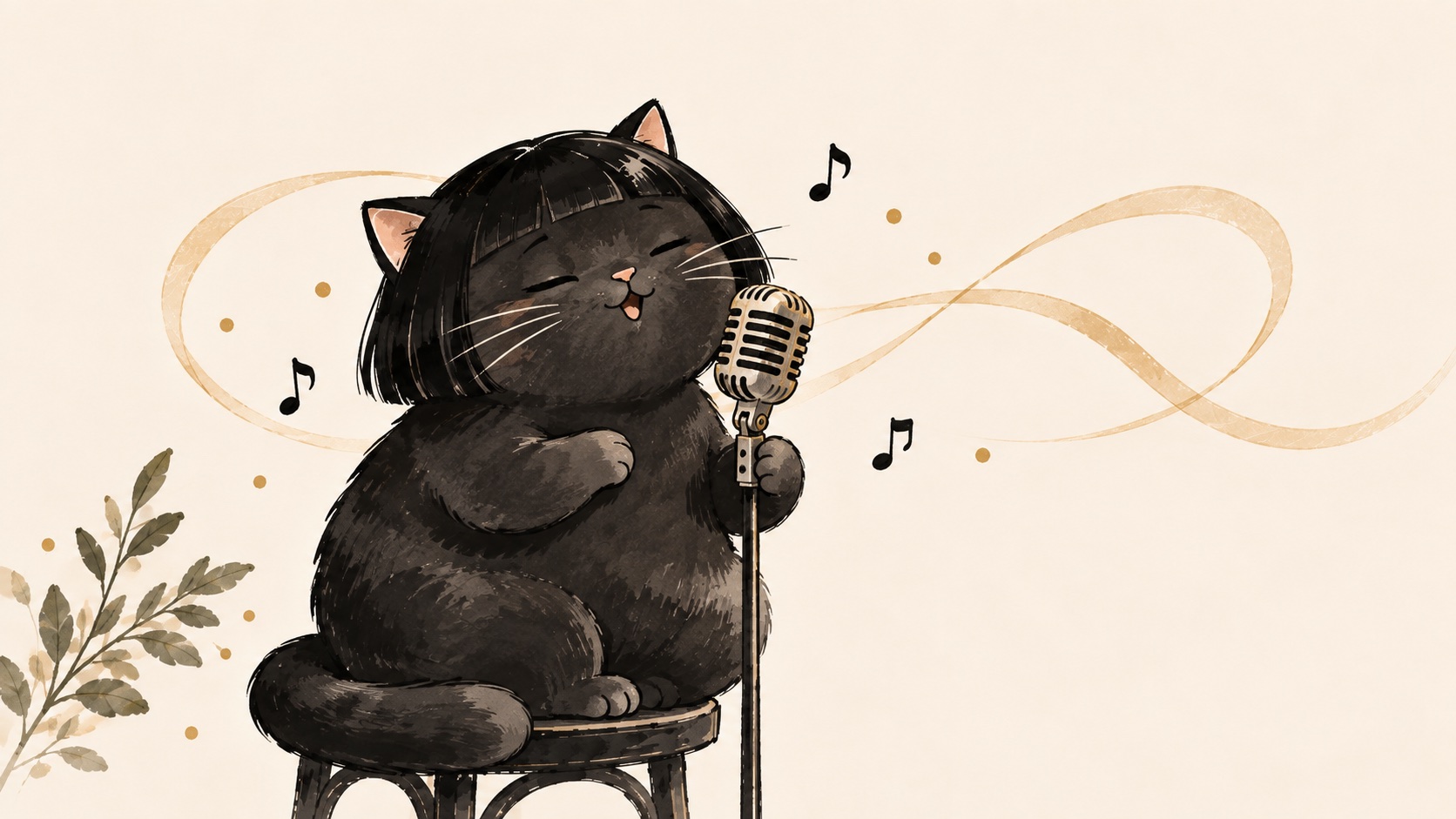 แมวดำอ้วนผมหน้าม้ากำลังร้องเพลงกับไมโครโฟนวินเทจ